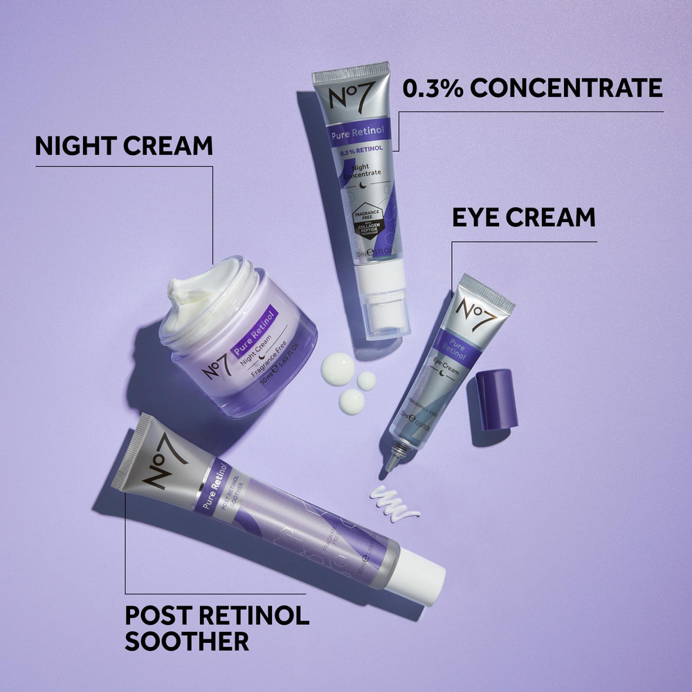 No7 Pure Retinol Eye Cream night-use closeup signals a calm routine for delicate eye skin