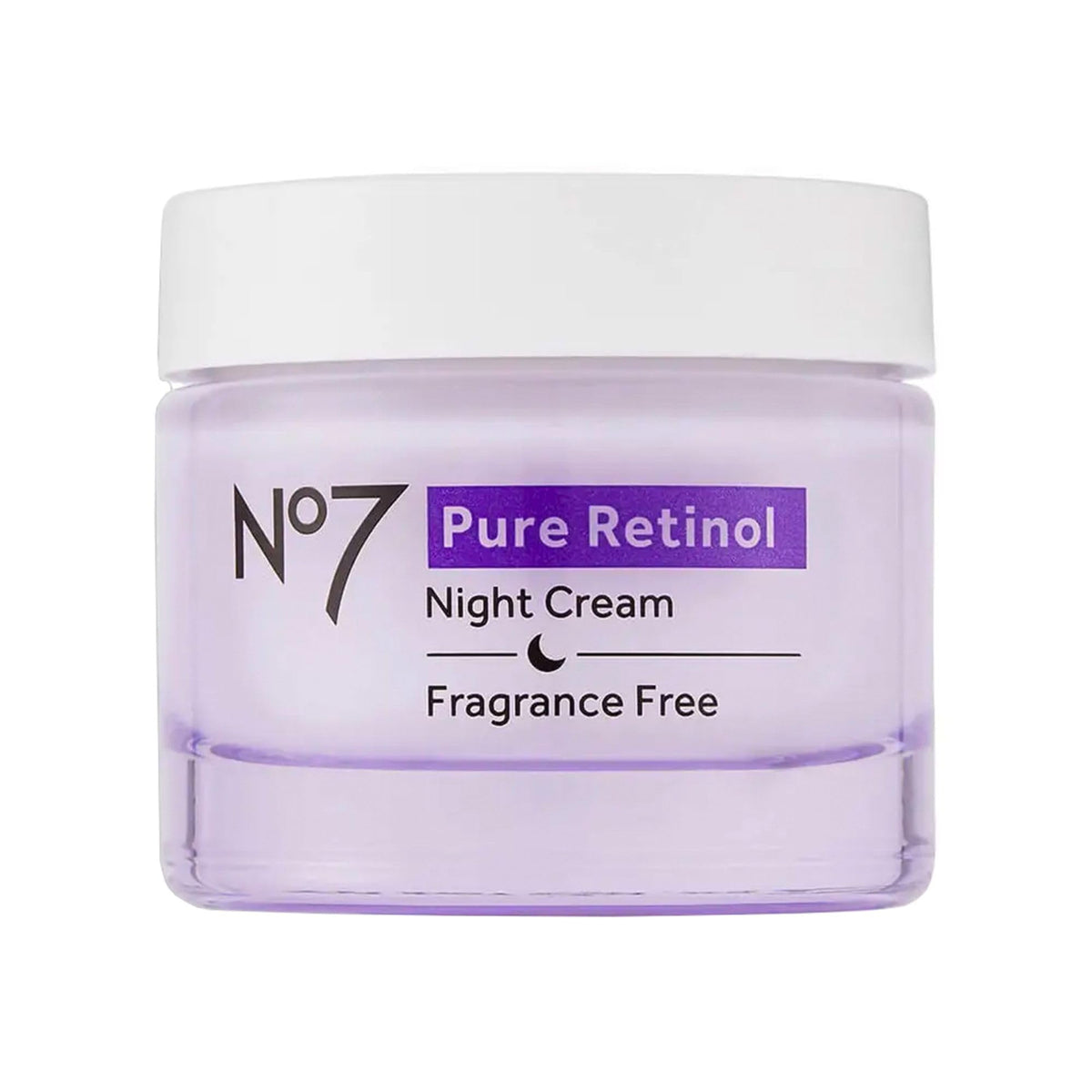 No7 Pure Retinol Night Cream jar closeup for overnight hydration and smoothing.