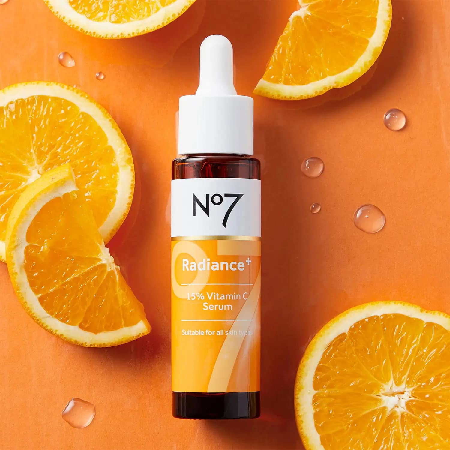 No7 Radiance+ serum being applied, a lightweight daily skincare boost.