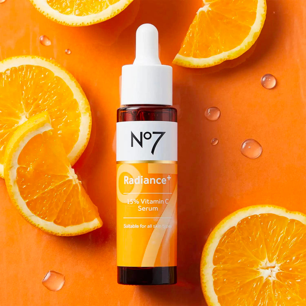 No7 Radiance+ serum being applied, a lightweight daily skincare boost.