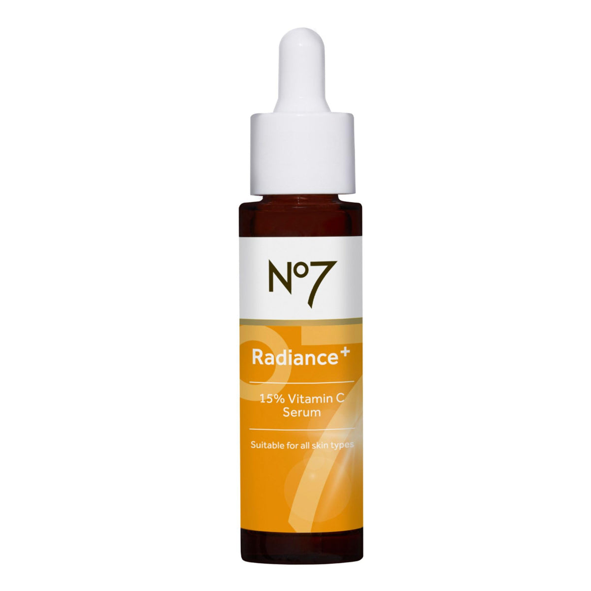No7 Radiance+ Serum bottle closeup highlighting brightening vitamin C in sleek packaging.
