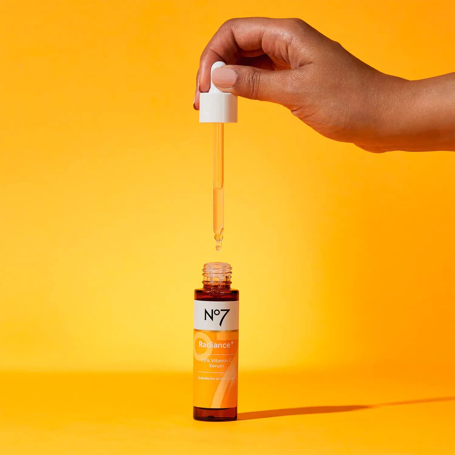 No7 Radiance+ daily-use pump bottle, easy start to morning routine.