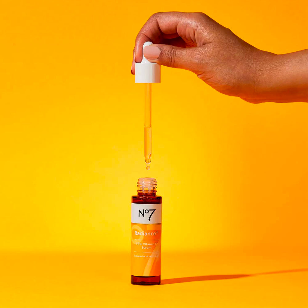 No7 Radiance+ daily-use pump bottle, easy start to morning routine.