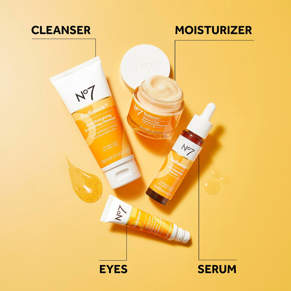 No7 Radiance+ vitamin C label detail shows 15% concentration for brightening focus.