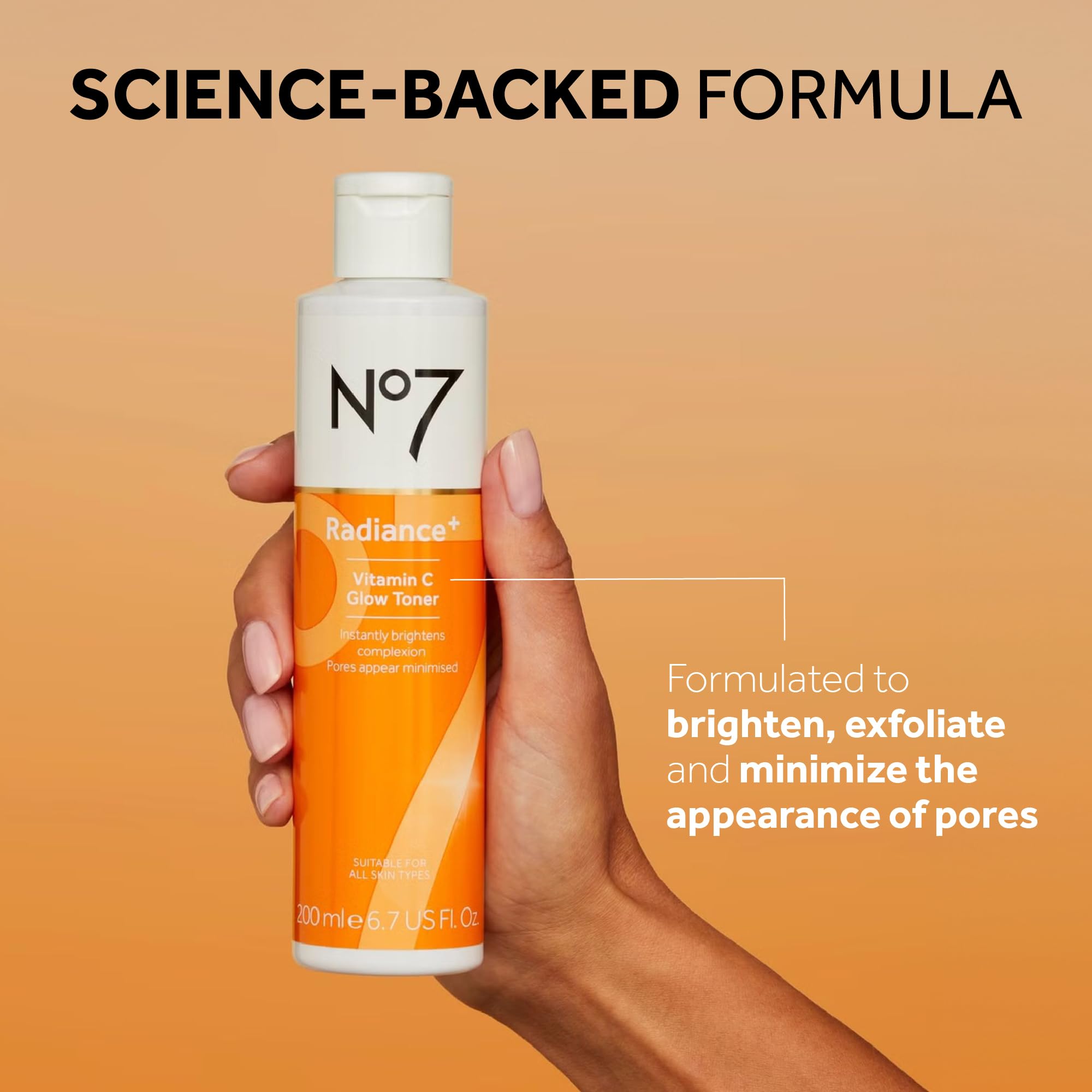 No7 Radiance+ Toner application on skin demonstrates smooth, brightened complexion.