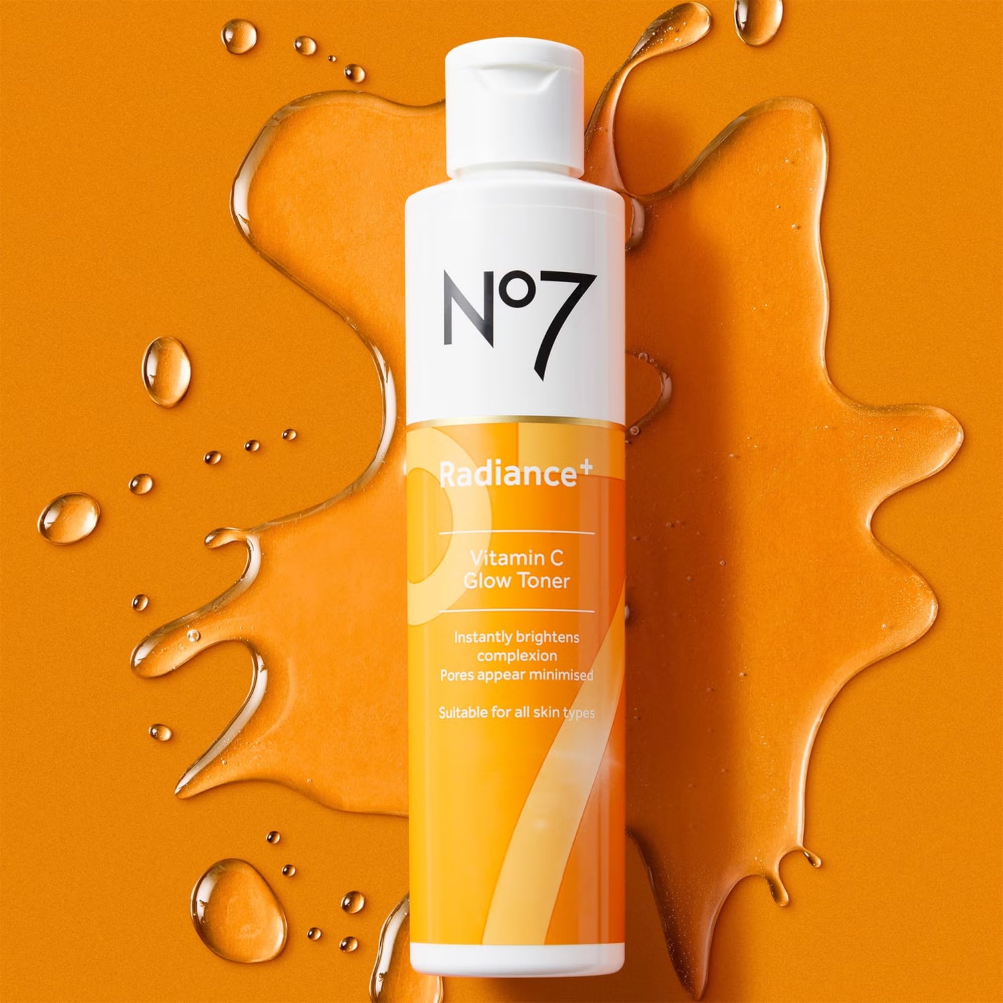 No7 Radiance+ Toner ingredients closeup shows vitamin C, willow bark, and aloe.