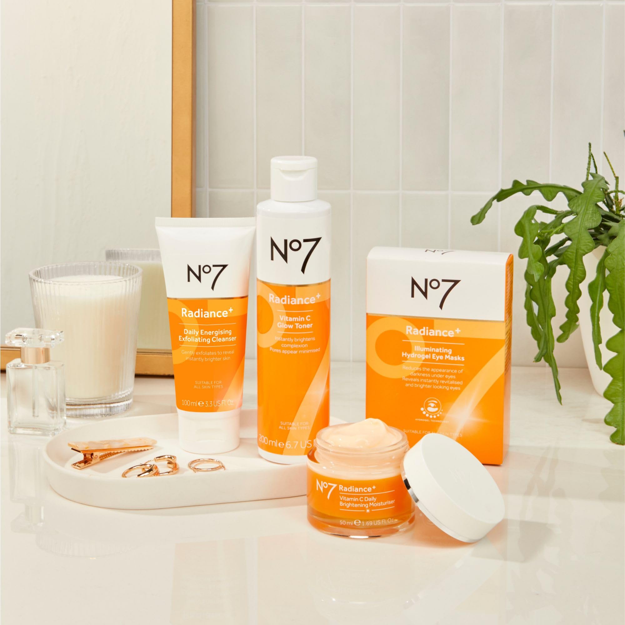 No7 Radiance+ Toner packaging box highlights a hydrating exfoliant step in routine.