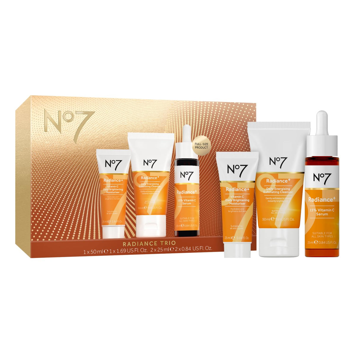 No7 Radiance Trio brightening serum 15% bottle showcases vitamin C power for even skin tone