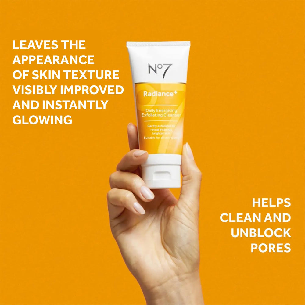 No7 Radiance Trio cleanser lather-action shot emphasizes refreshing cleanse