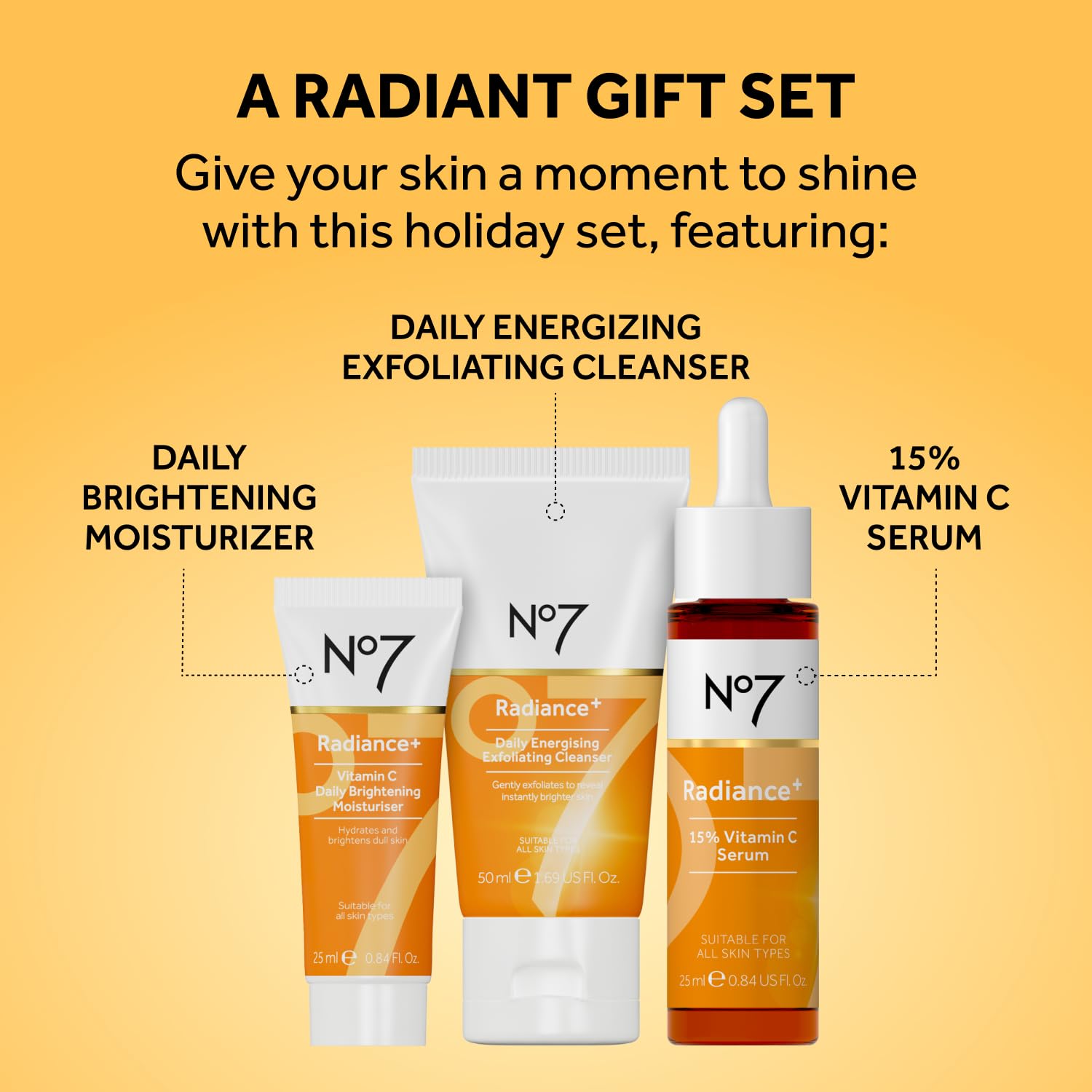 No7 Radiance Trio vitamin C moisturizer brightening tube close-up enhances daily glow