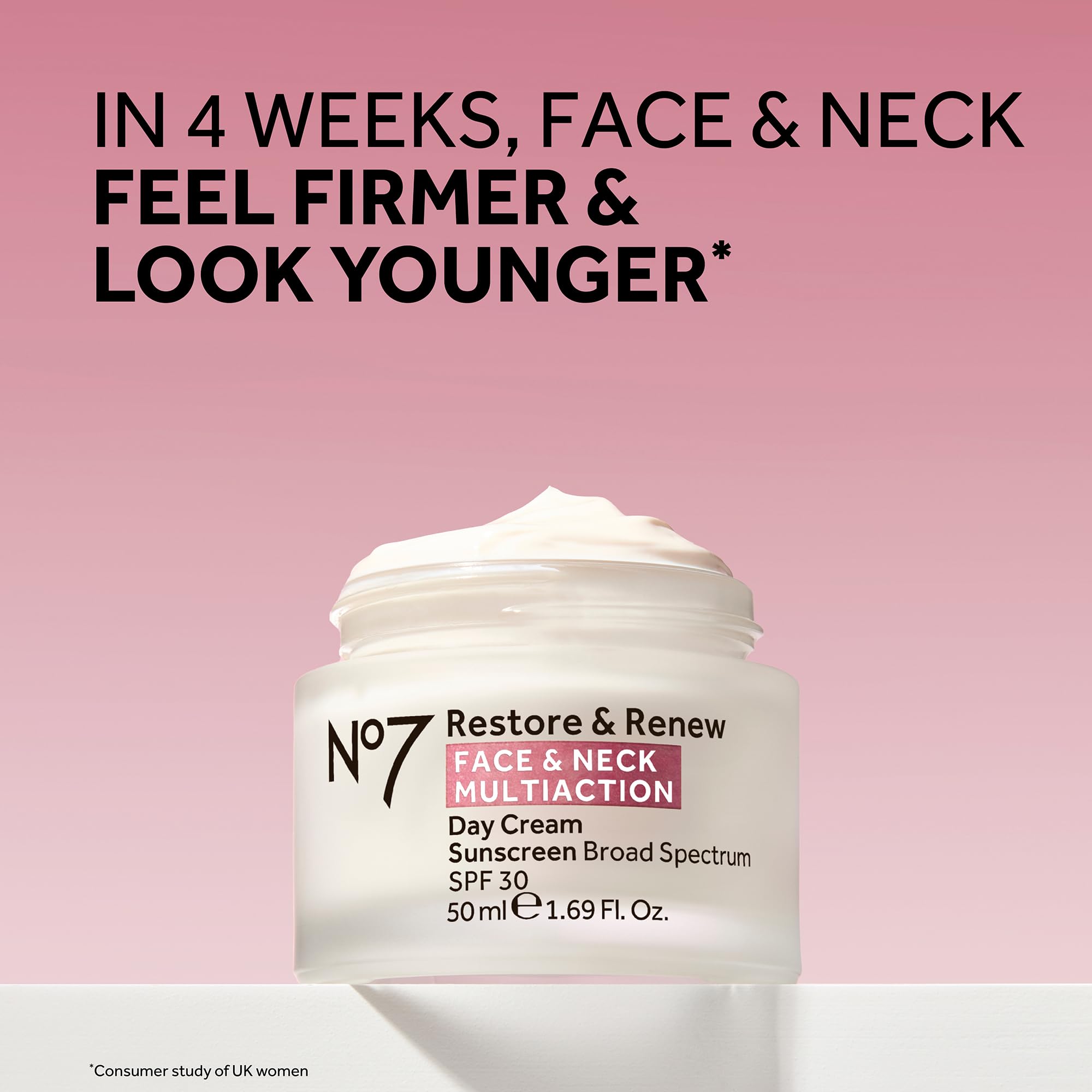No7 Restore & Renew SPF 30 label close-up highlights anti-aging formula