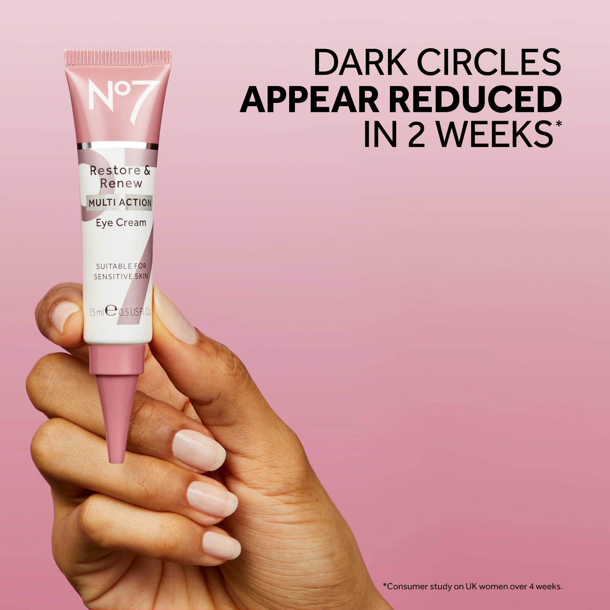 No7 Restore & Renew applying under-eye demonstrates depuffing potential.