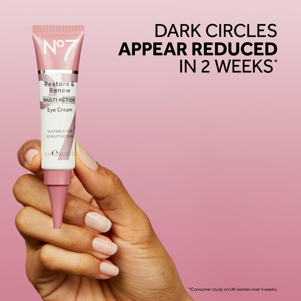 No7 Restore & Renew applying under-eye demonstrates depuffing potential.