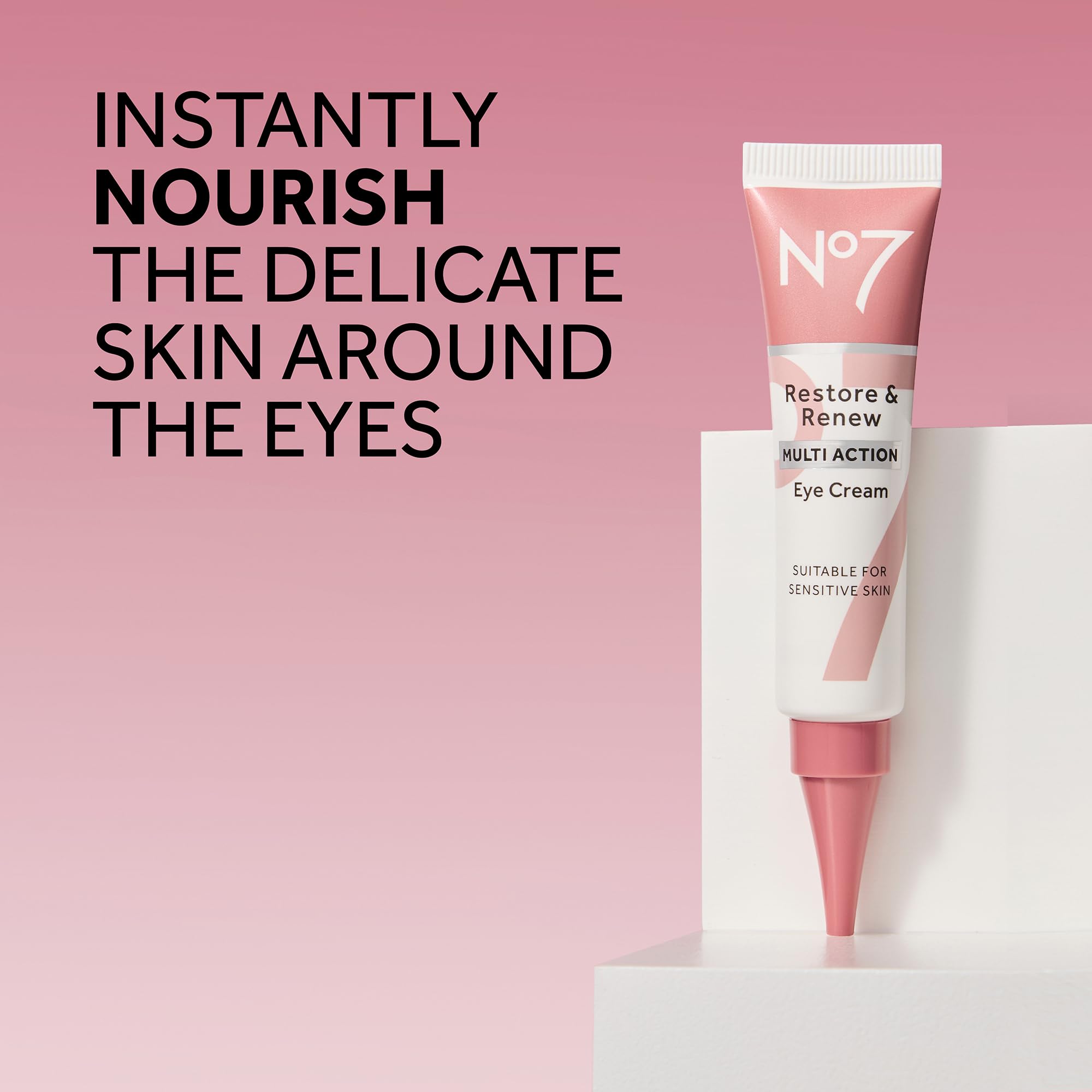 No7 Restore & Renew packaging showcases luxury daily eye care.