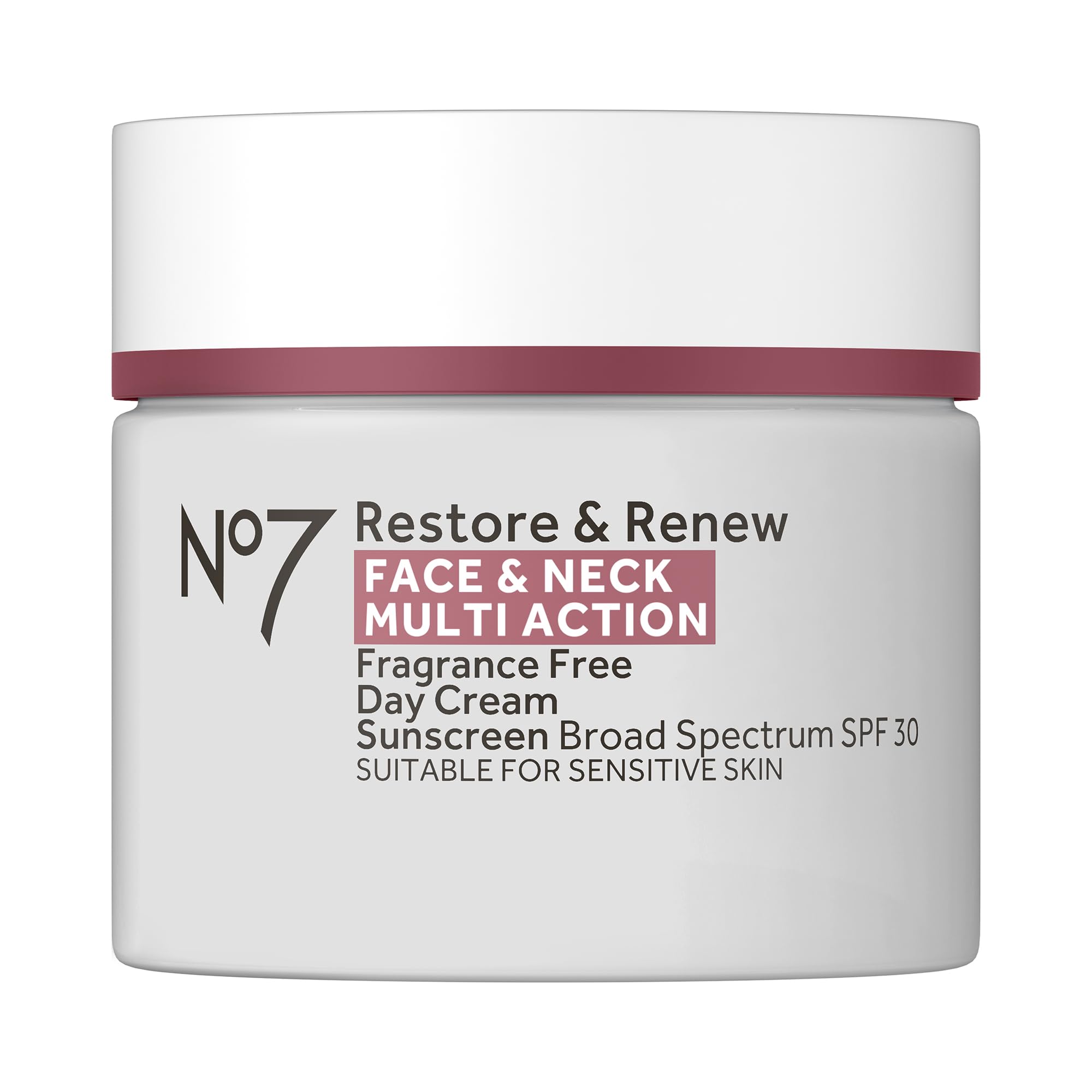 No7 Restore & Renew face-neck cream jar with SPF 30 protection hydrates daily.