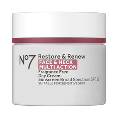 No7 Restore & Renew face-neck cream jar with SPF 30 protection hydrates daily.