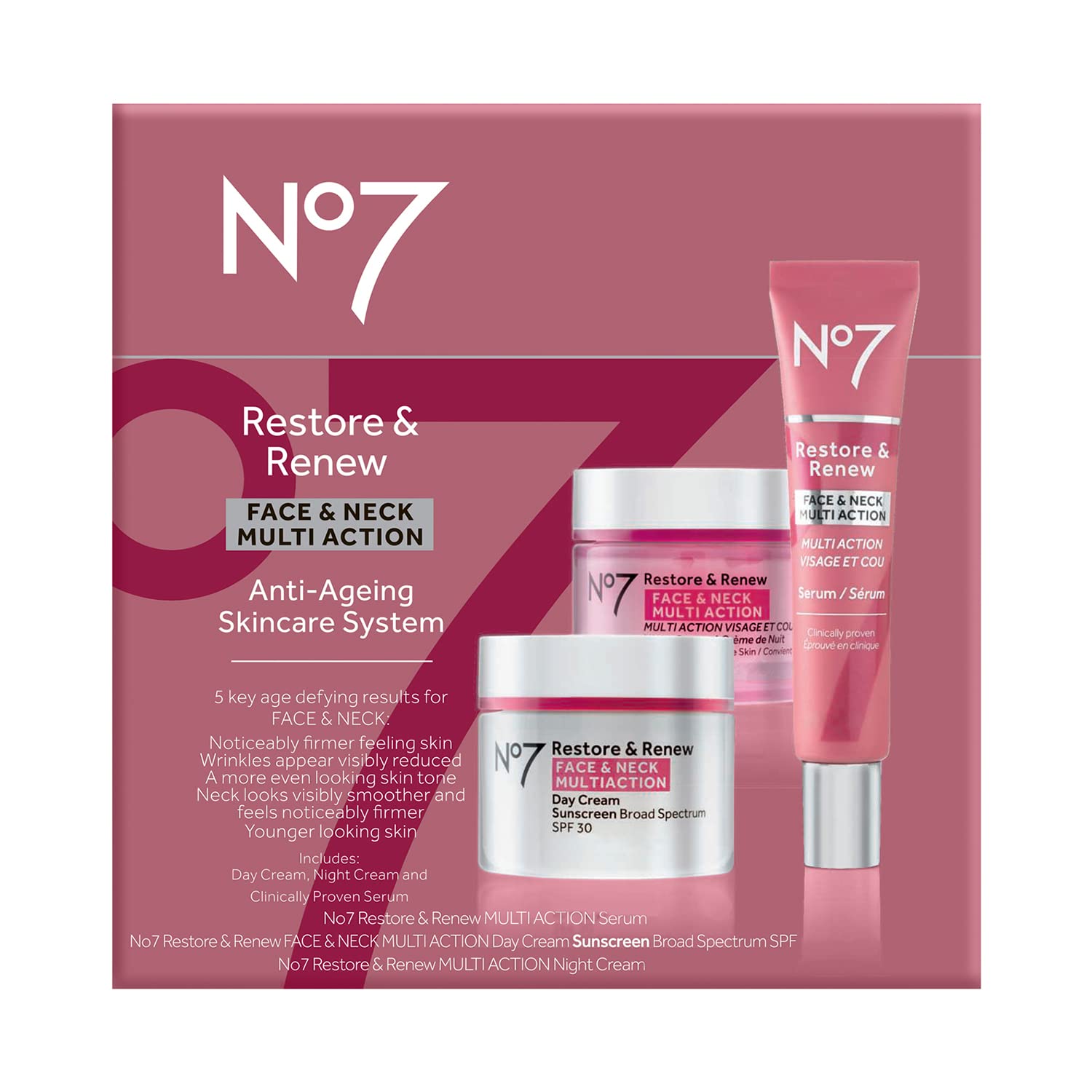No7 Restore & Renew face serum dual-action dropper highlighting collagen support.