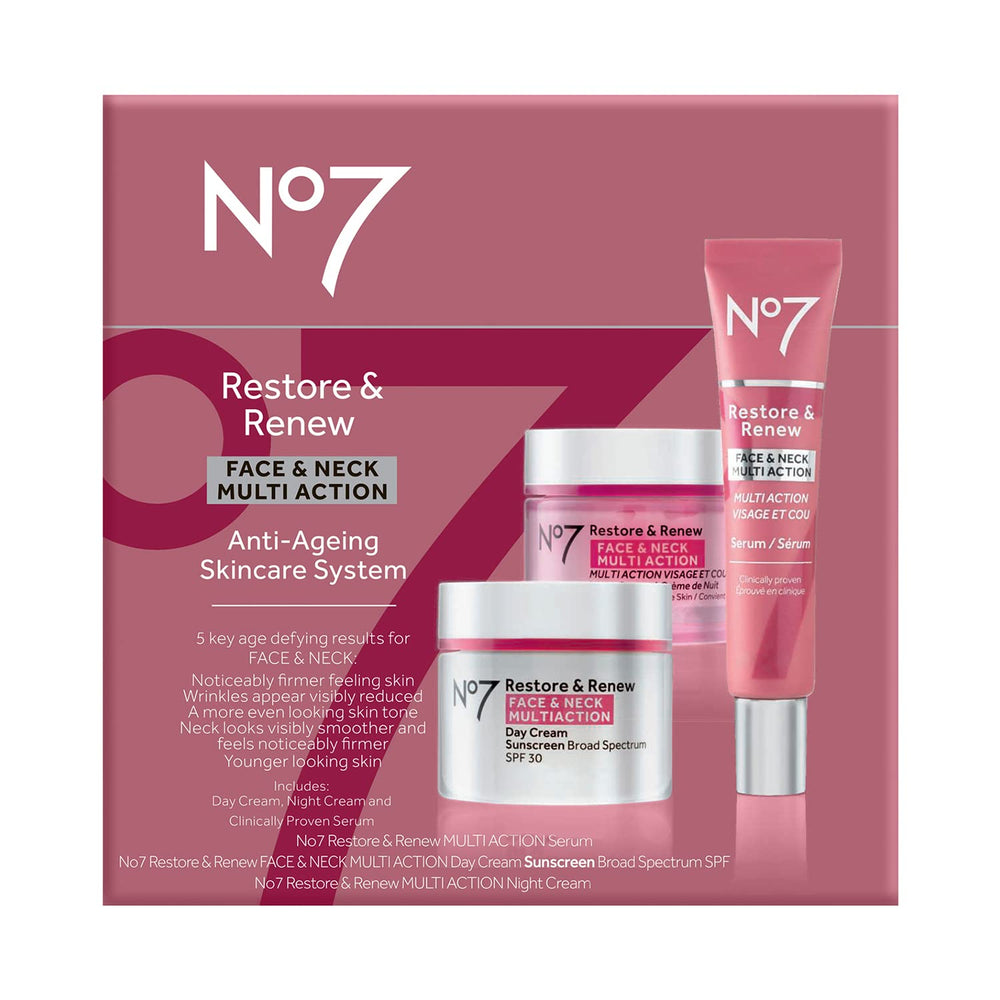 No7 Restore & Renew face serum dual-action dropper highlighting collagen support.