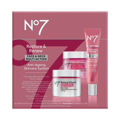 No7 Restore & Renew face serum dual-action dropper highlighting collagen support.
