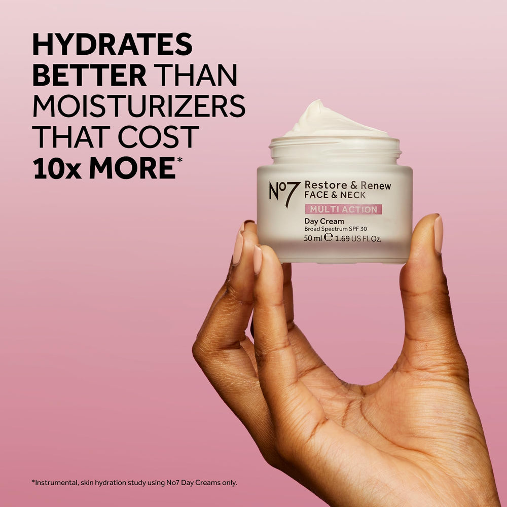No7 Restore & Renew hyaluronic acid moisture droplets demonstrate deep hydration.