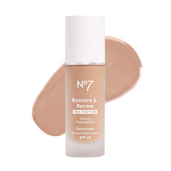 No7 Restore & Renew foundation Cool Vanilla bottle showing creamy texture for radiant skin.