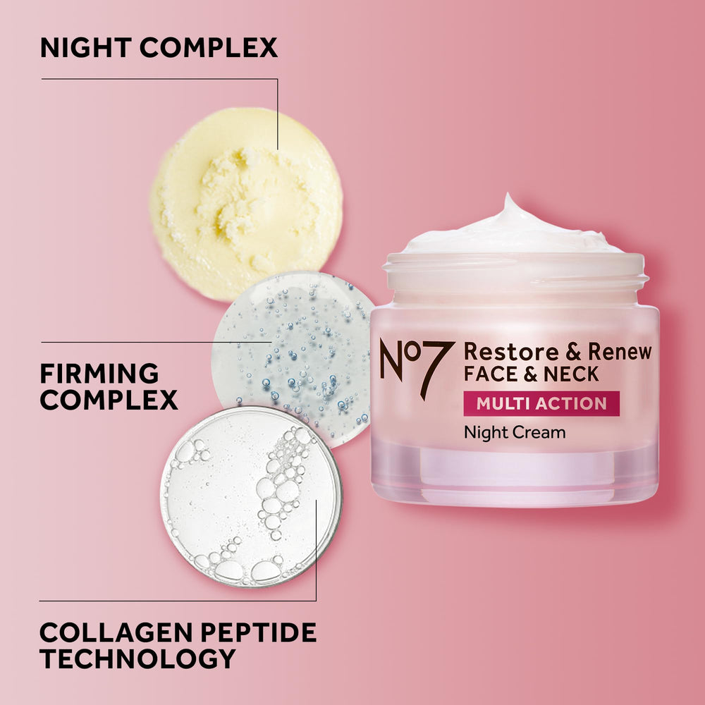 No7 Restore & Renew night cream ingredients panel highlighting hyaluronic acid and ceramides.