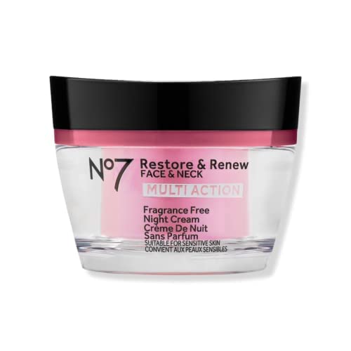 No7 Restore & Renew night cream jar close-up highlighting fragrance-free hydration and overnight smoothing.