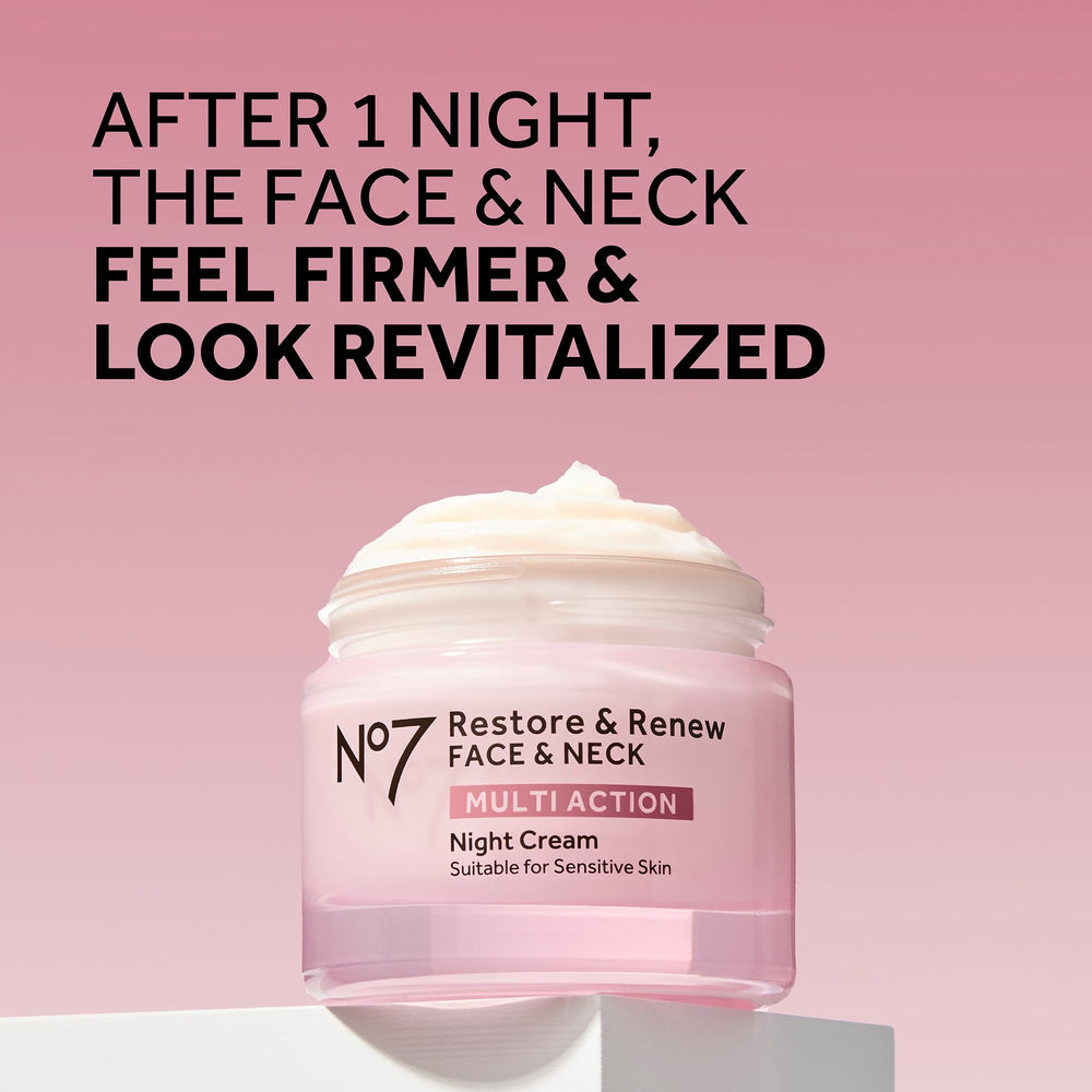 No7 Restore & Renew night cream label visible, signaling premium anti-aging hydration.