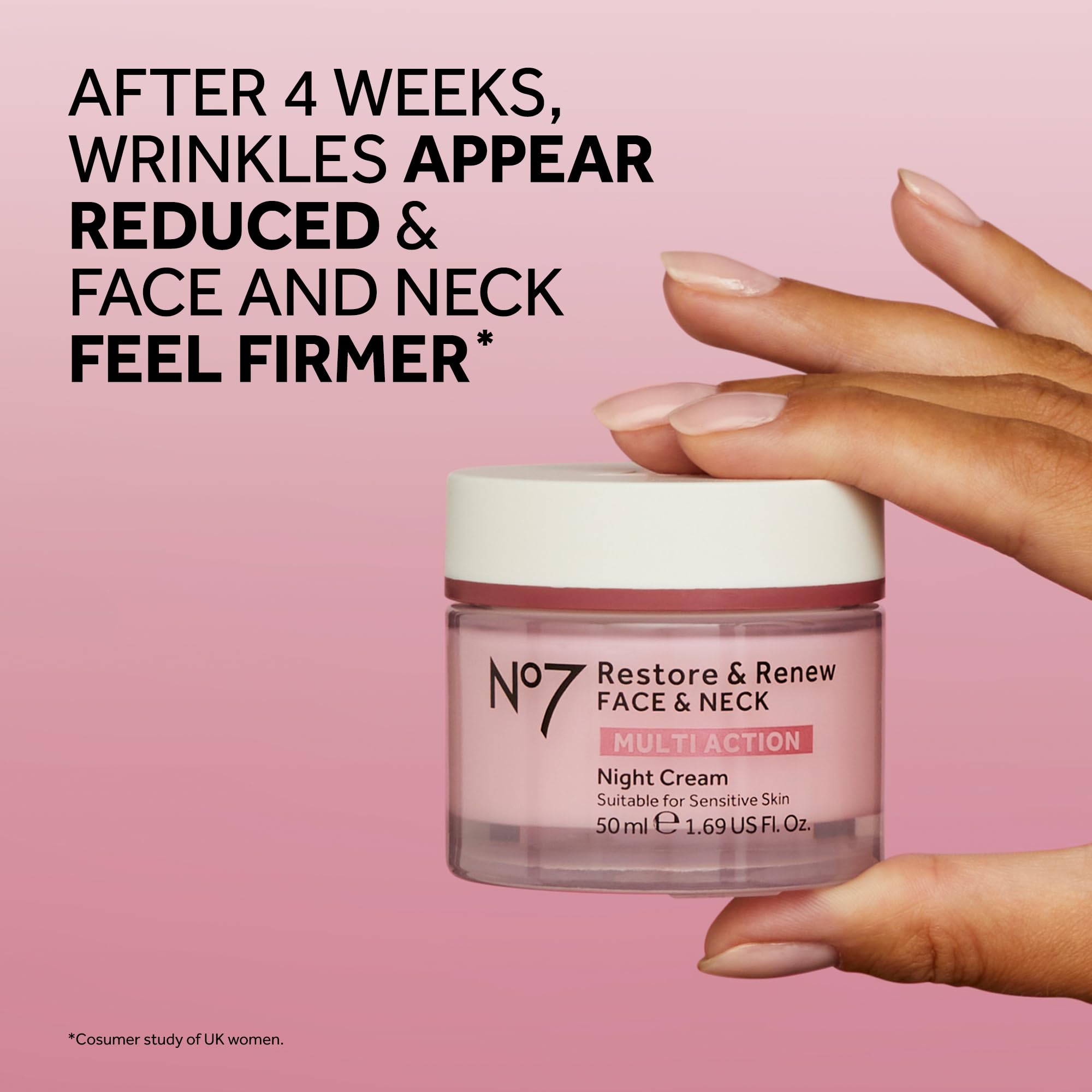 No7 Restore & Renew night cream texture swatch on skin, illustrating silky, comfortable feel.