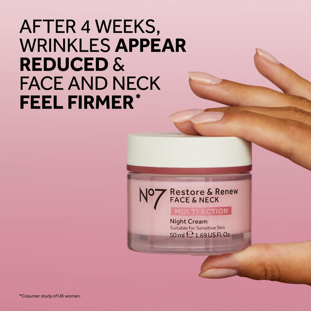 No7 Restore & Renew night cream texture swatch on skin, illustrating silky, comfortable feel.