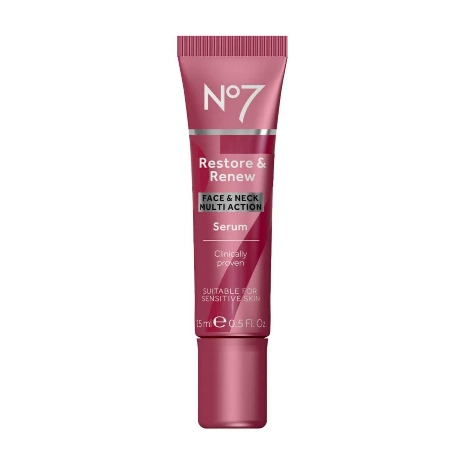 No7 Restore & Renew serum bottle-pour for easy daily dispensing and hydration.