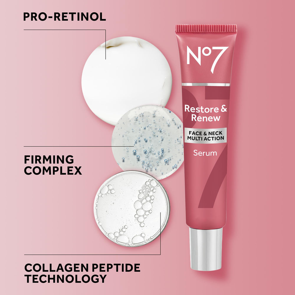 No7 Restore & Renew serum collagen-peptide-complex supports firmness and smoother texture.
