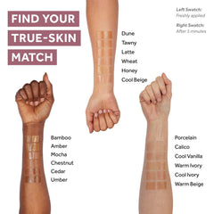 No7 Restore & Renew serum foundation swirl highlights collagen peptide technology for smoother-looking skin.