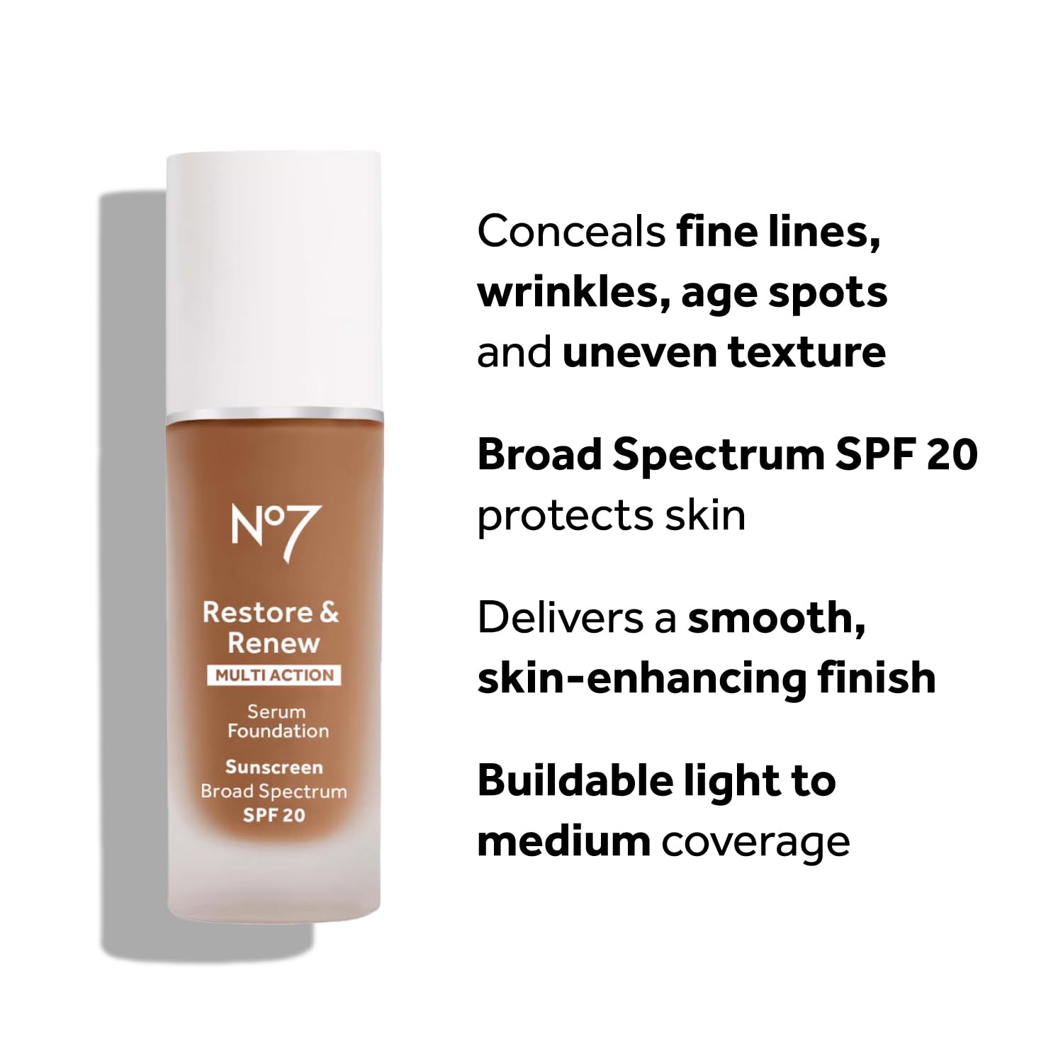 No7 Restore and Renew Serum Foundation SPF 20 bottle highlights daytime protection.