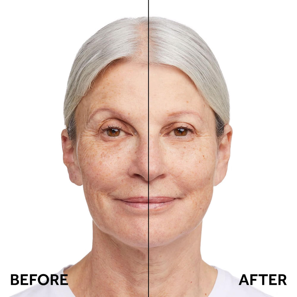 No7 Restore & Renew foundation warm beige swatch reveals buildable coverage and smooth texture.