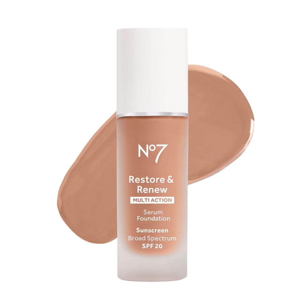 No7 Restore and Renew Serum Foundation wheat bottle pump shows smooth, buildable daily coverage.