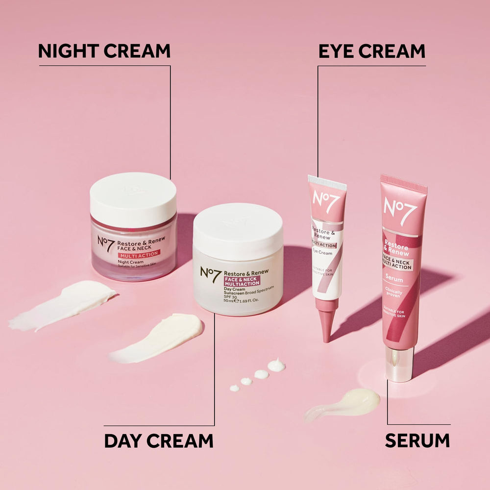No7 Restore & Renew serum morning-evening-use supports versatile daily skincare.