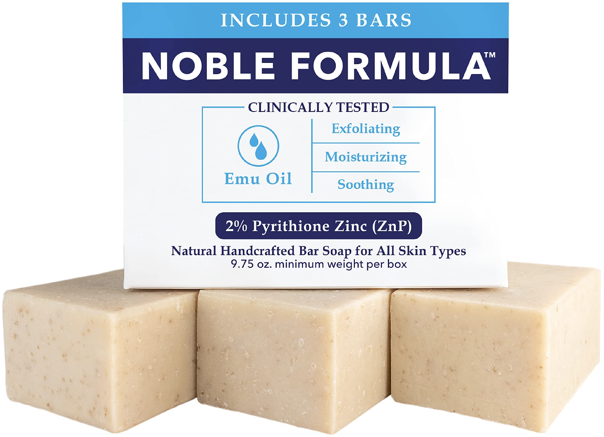 Noble Formula 2% ZnP Emu Oil Bar Soap packaging shows three bars for daily skin care.