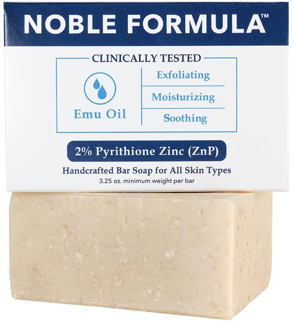 Noble Formula bar soap packshot highlighting 2% ZnP for daily cleansing.