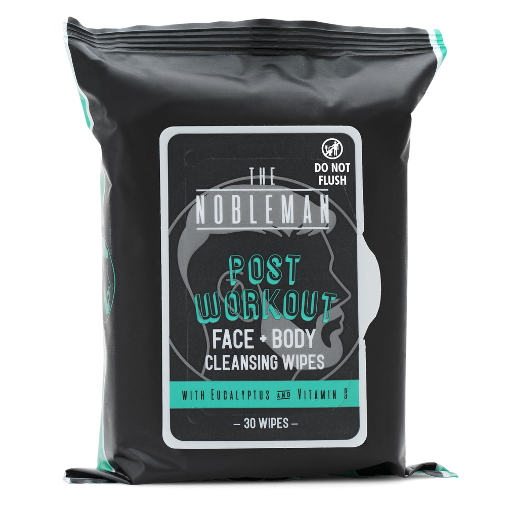 Nobleman individual wipe packet front showing quick, ready-to-use cleansing after workouts.