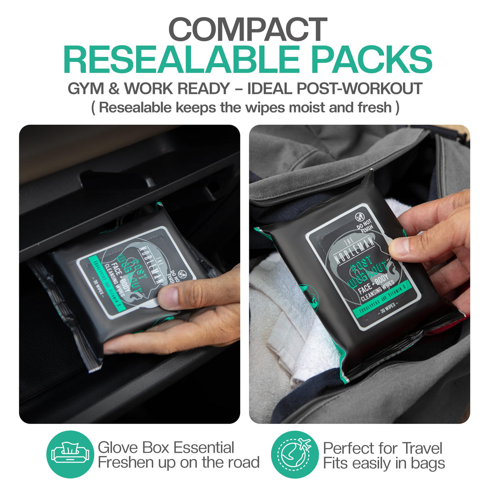 Nobleman travel-case-fit demonstrates compact wipes for gym-to-go routines.