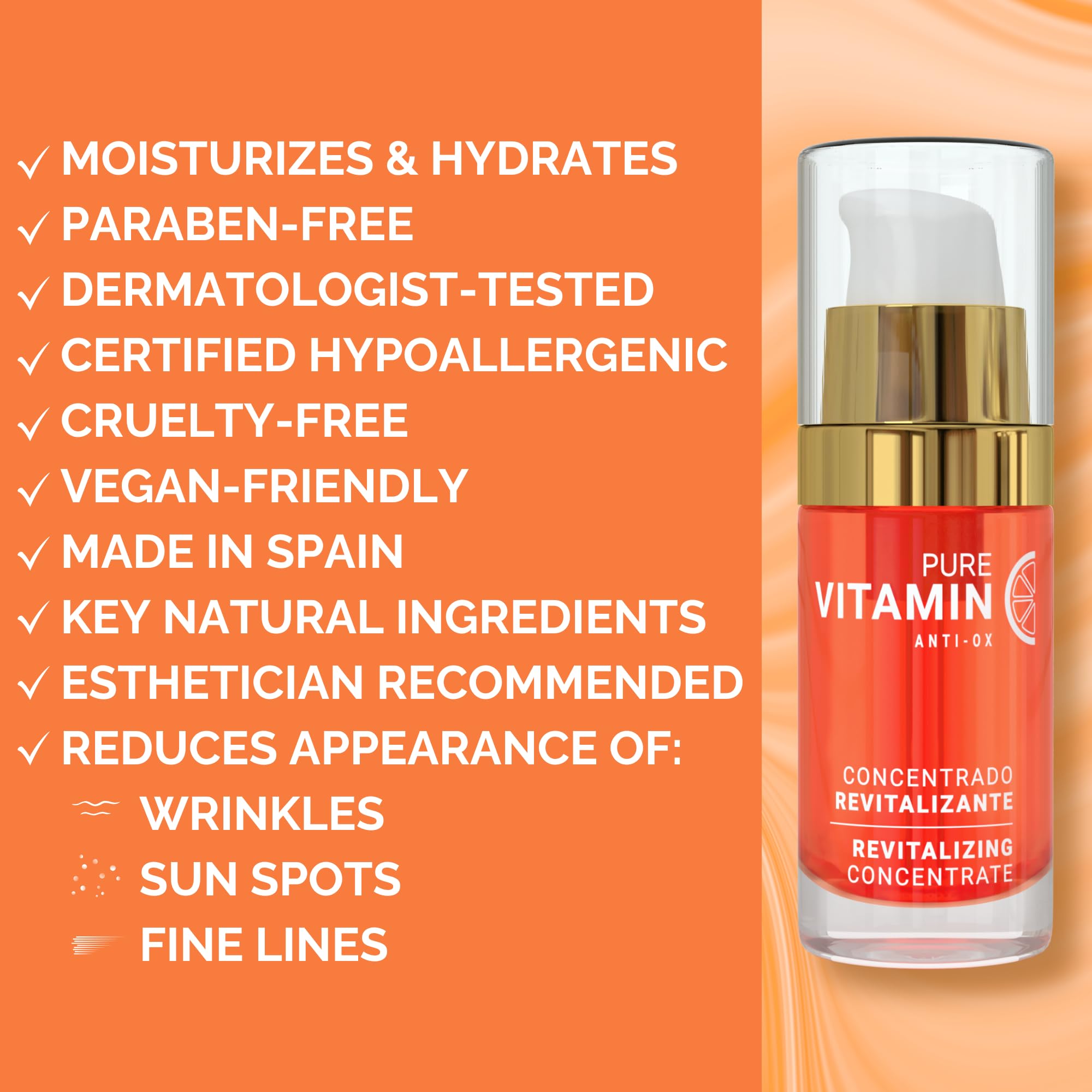 Noche Y Dia Vitamin C Serum application scene suggests a daily morning skincare routine.