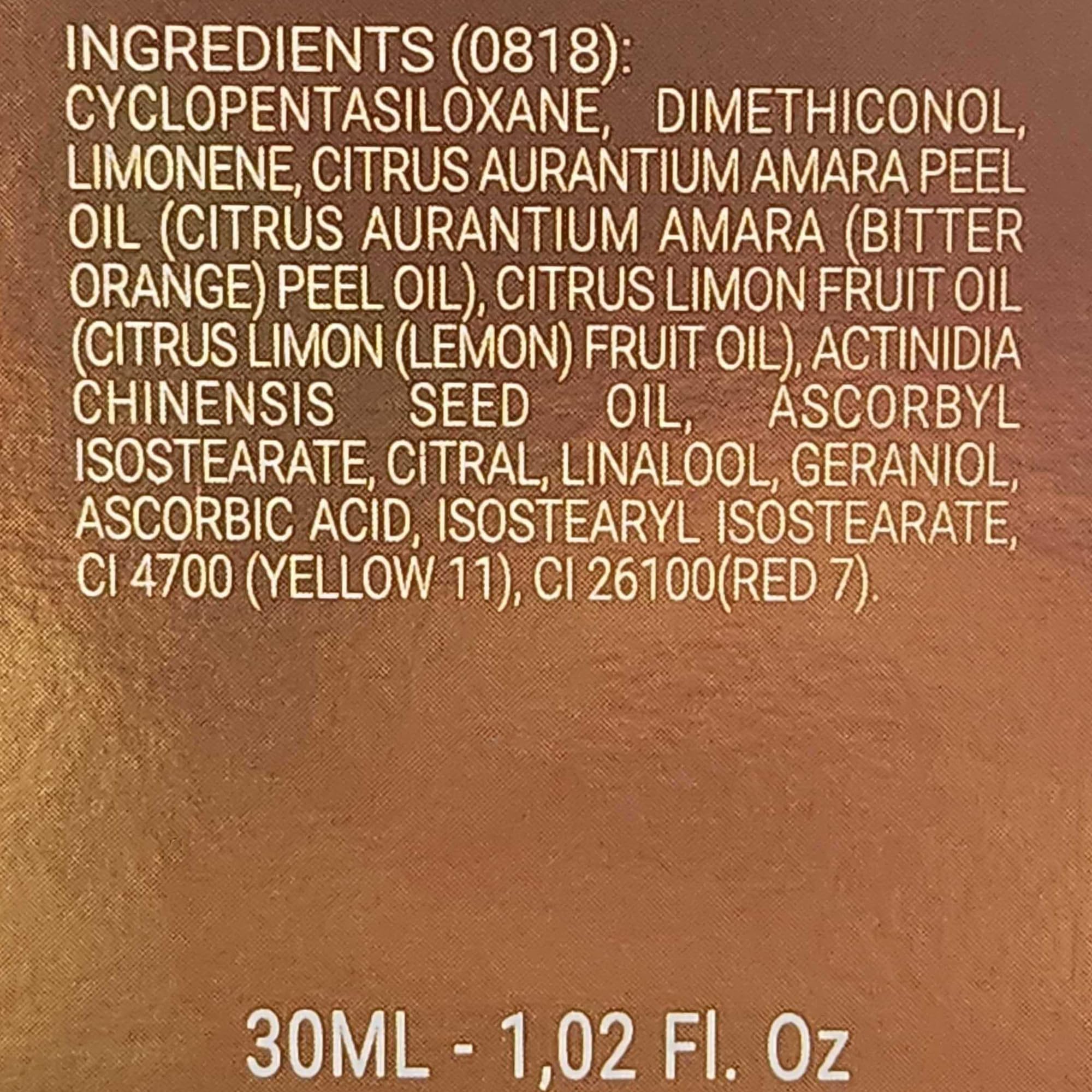 Noche Y Dia Vitamin C Serum closeup of sun spots and fine lines visualization with smoothing potential.