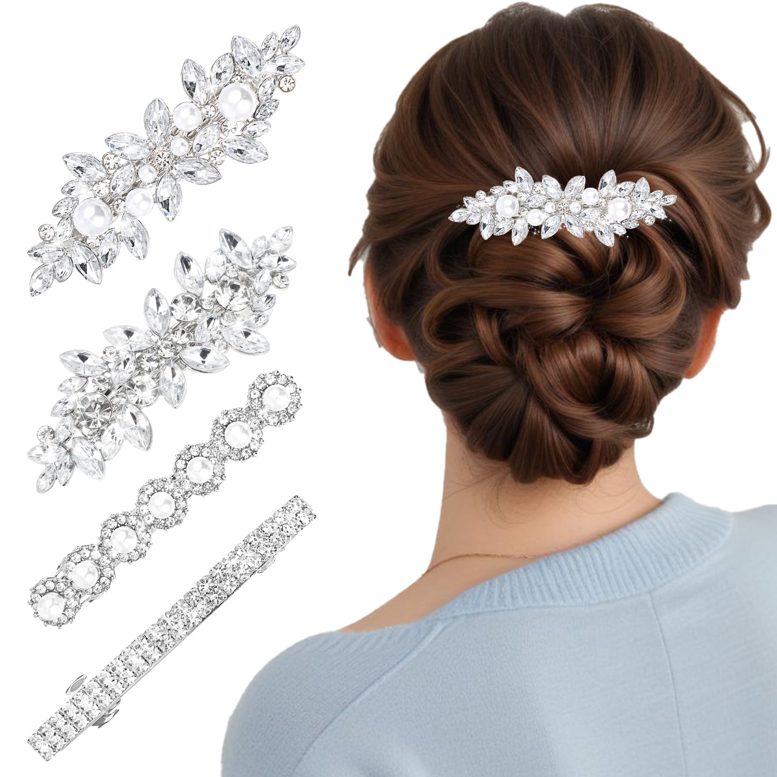 Nogeqi silver flower crystal clip closeup highlighting sparkling detail for wedding day styling