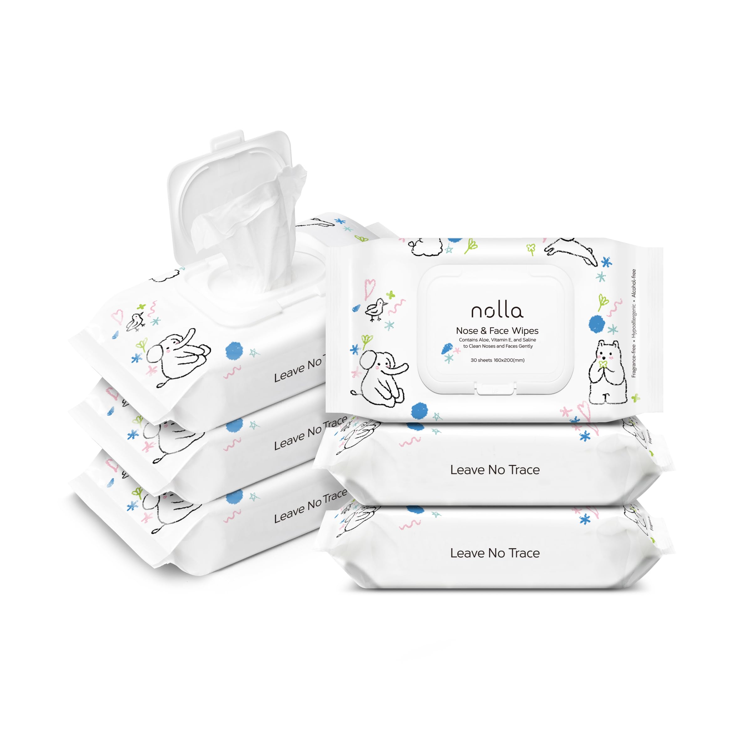 Nolla nose and face wipes unscented packaging closeup for quick, gentle baby cleanup