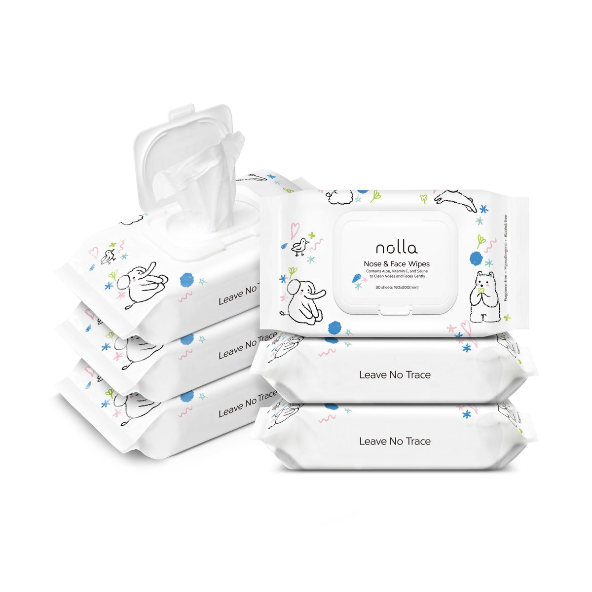 Nolla nose and face wipes unscented packaging closeup for quick, gentle baby cleanup