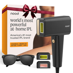 Nood Flasher Pro front view shows a sleek matte black device for discreet at-home hair removal.