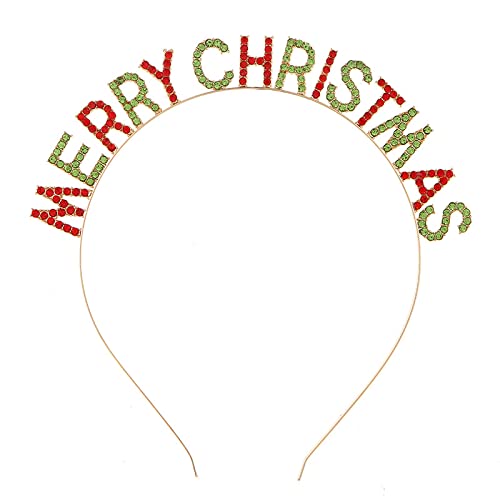 Noonhorse Merry Christmas headband closeup with red-green-gold rhinestones for festive sparkle.