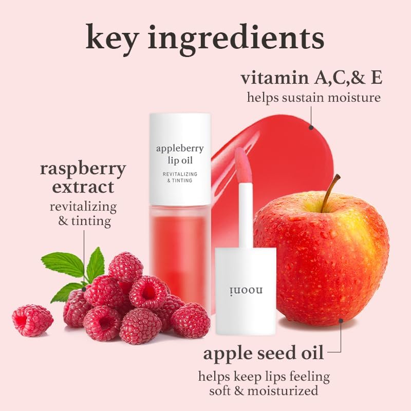 NOONI Appleberry Lip Oil plumping effect shown on lip contour.