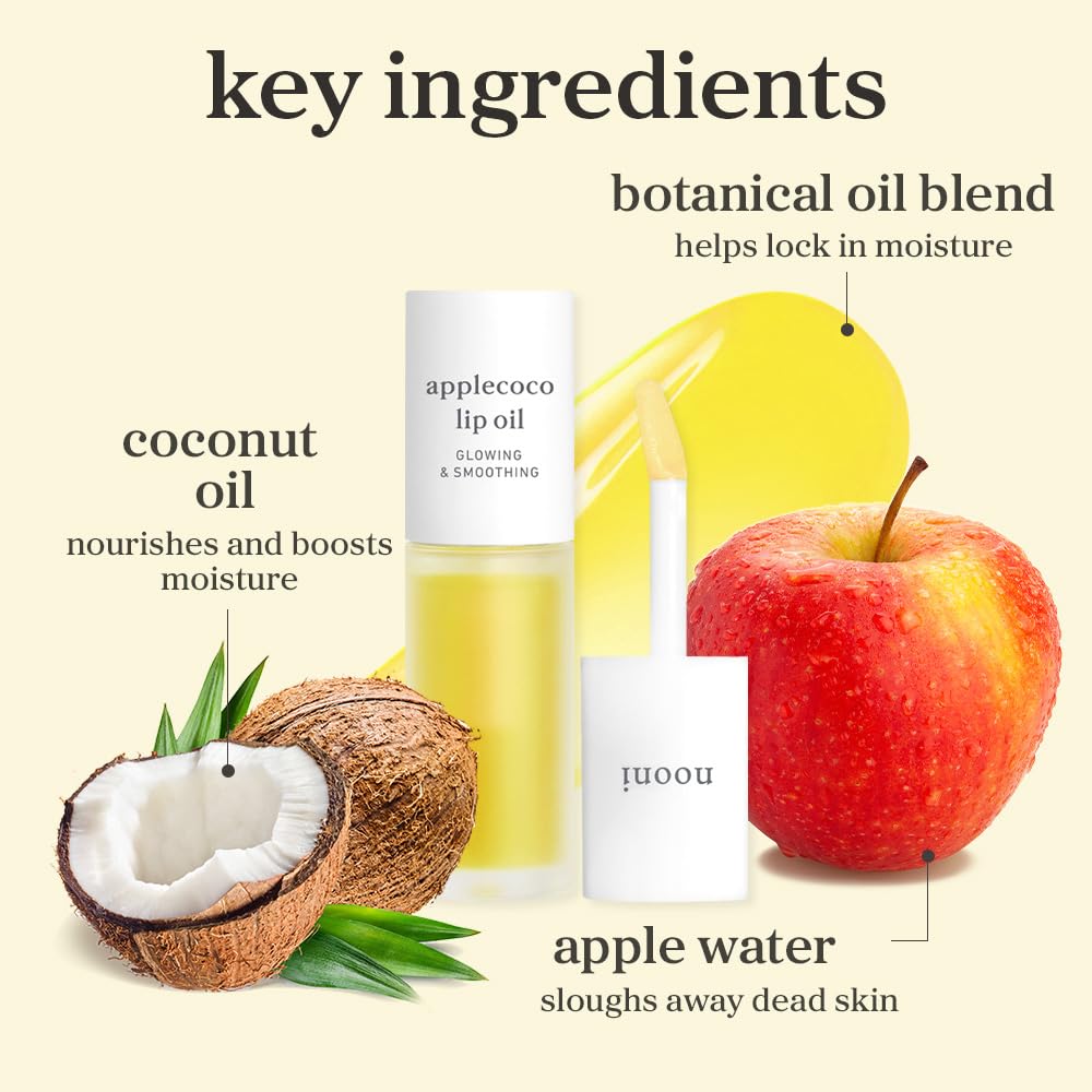 Nooni Applecoco Lip Oil ingredients apple seed oil and coconut extract.